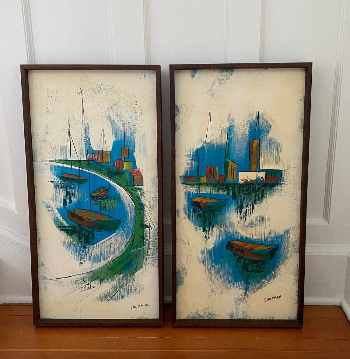 Fabulous midcentury oil paintings signed "Sherman". Frame hand crafted by Harris g Strong, Bronx, NY- Cook Street Vintage