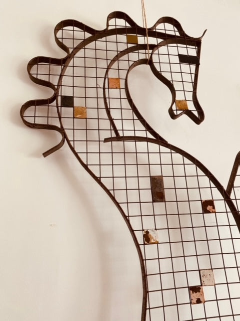 Rare large vintage horse sculpture in the style of Frederick Weinberg. Metal sculpture with grid design and applied panels- Cook Street Vintage