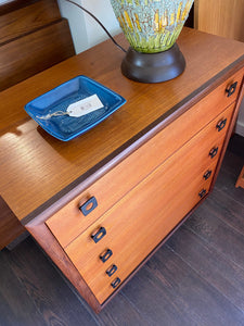 Sideview of Gorgeous RS and Associates five drawer teak and rosewood dresser with black vinyl covered base- Cook Street Vintage