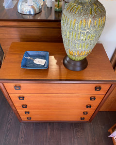 Gorgeous RS and Associates five drawer teak and rosewood dresser with black vinyl covered base- Cook Street Vintage