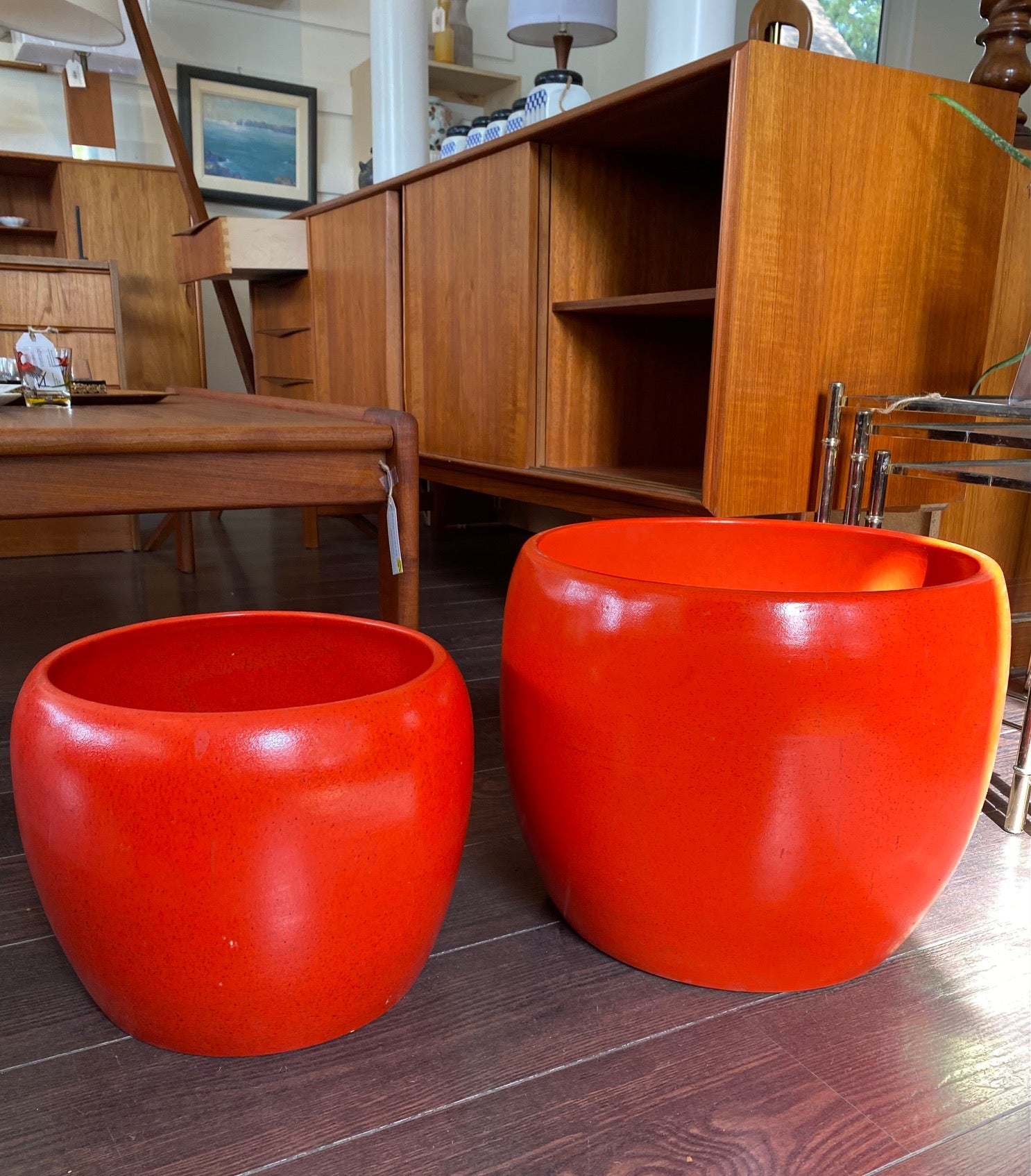 Two Gainey planters- J-10 and J-14 in deep orange- Cook Street Vintage