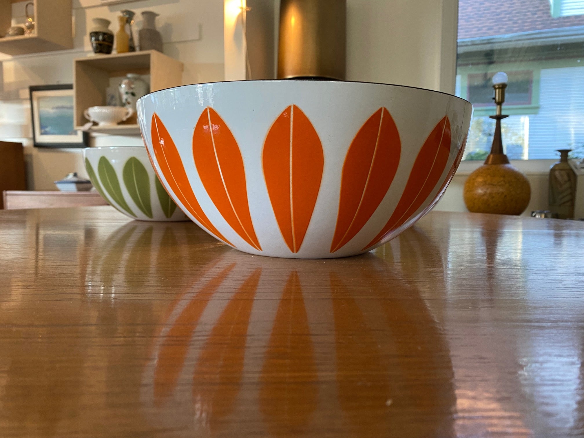Beautiful large enamel Lotus Bowl in orange designed in Norway by Grete Prytz Kittelsen for Catherinholm- Cook Street Vintage 