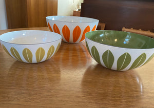 Set of three Beautiful enamel Lotus Bowls in orange, green and olive designed in Norway by Grete Prytz Kittelsen for Catherinholm- Cook Street Vintage 