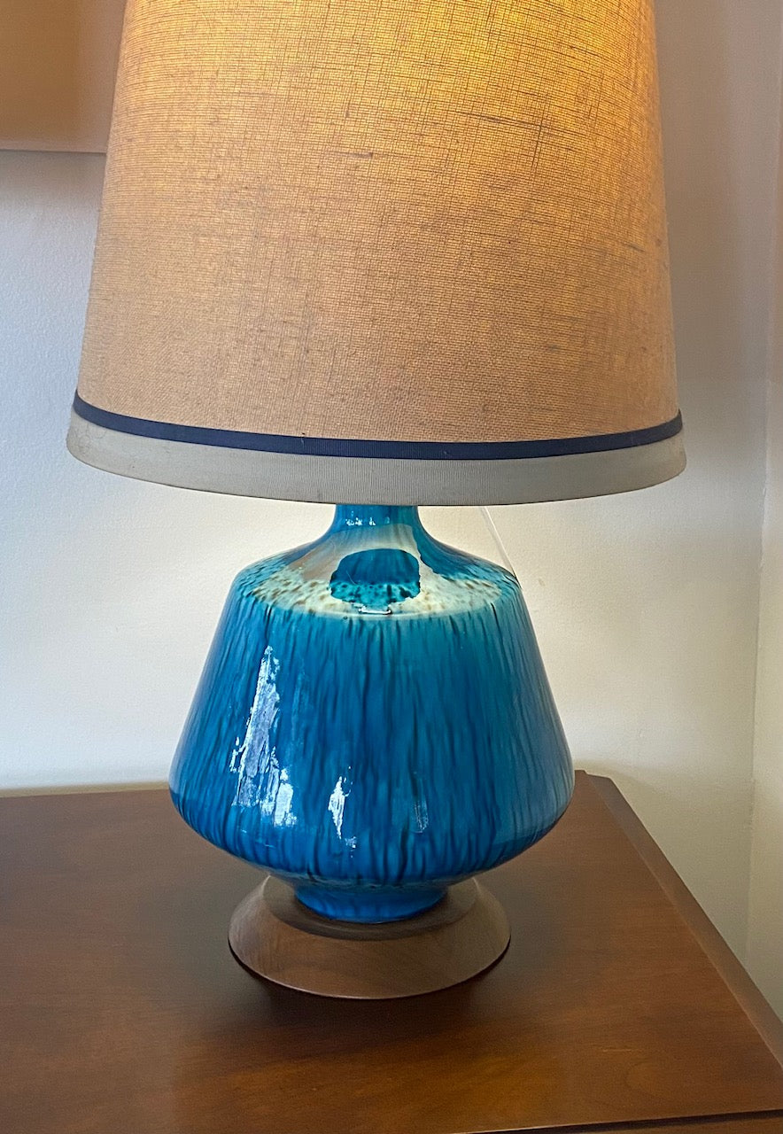 Midcentury Drip Glaze Azure Blue Ceramic Table Lamp- Cook Street Vintage