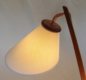 Close up of Danish Bonnet Lamp Shade on reclaimed Teak Floor Lamp with Grasshopper legs- Cook Street Vintage